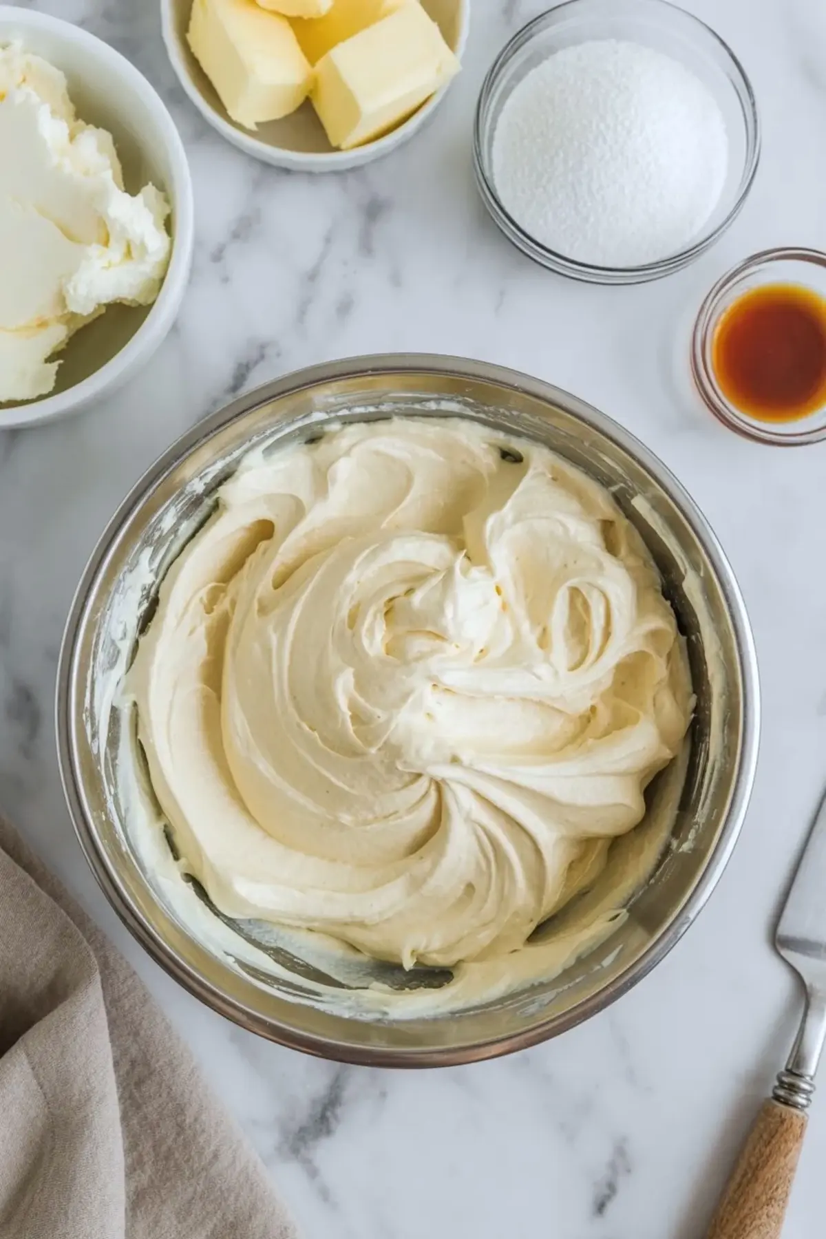 Smooth vanilla frosting fills a metal mixing bowl, surrounded by butter cubes, powdered sugar, and vanilla extract on a marble surface.
