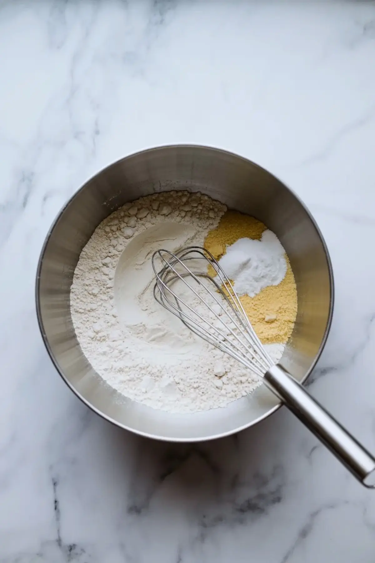 Dry cake ingredients sit in a metal bowl with flour, cornmeal, sugar, and leavening, mixed with a wire whisk on a marble countertop.
