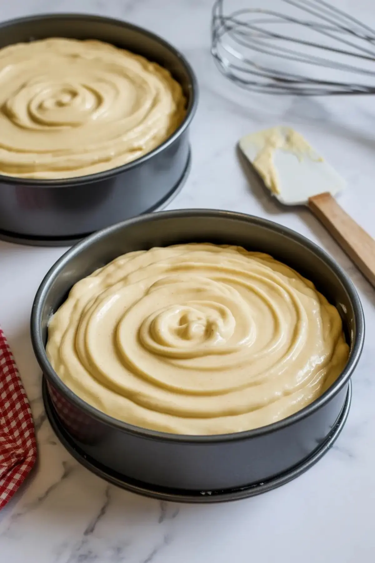 Unbaked cake batter spreads evenly in two round cake pans, forming smooth spiral patterns ready for baking.

