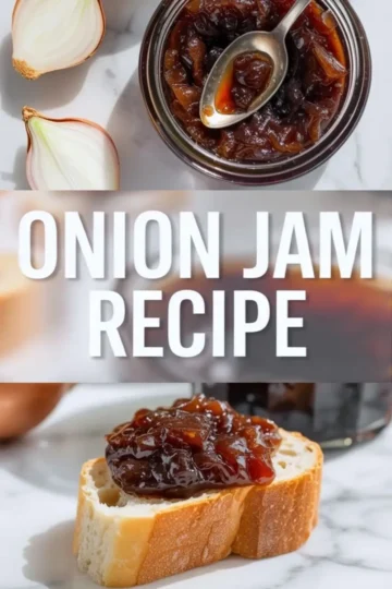 Vertical collage featuring a jar of glossy onion jam with a spoon, bold white text reading “Onion Jam Recipe,” and a thick spread of jam on a crusty bread slice, styled with fresh halved onions and soft light.