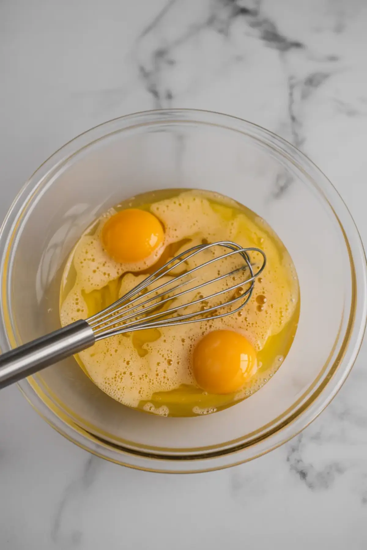 Glass mixing bowl holds two raw eggs and melted butter on a marble countertop, and a metal whisk rests inside the bowl for baking preparation and homemade orange curd recipe steps.
