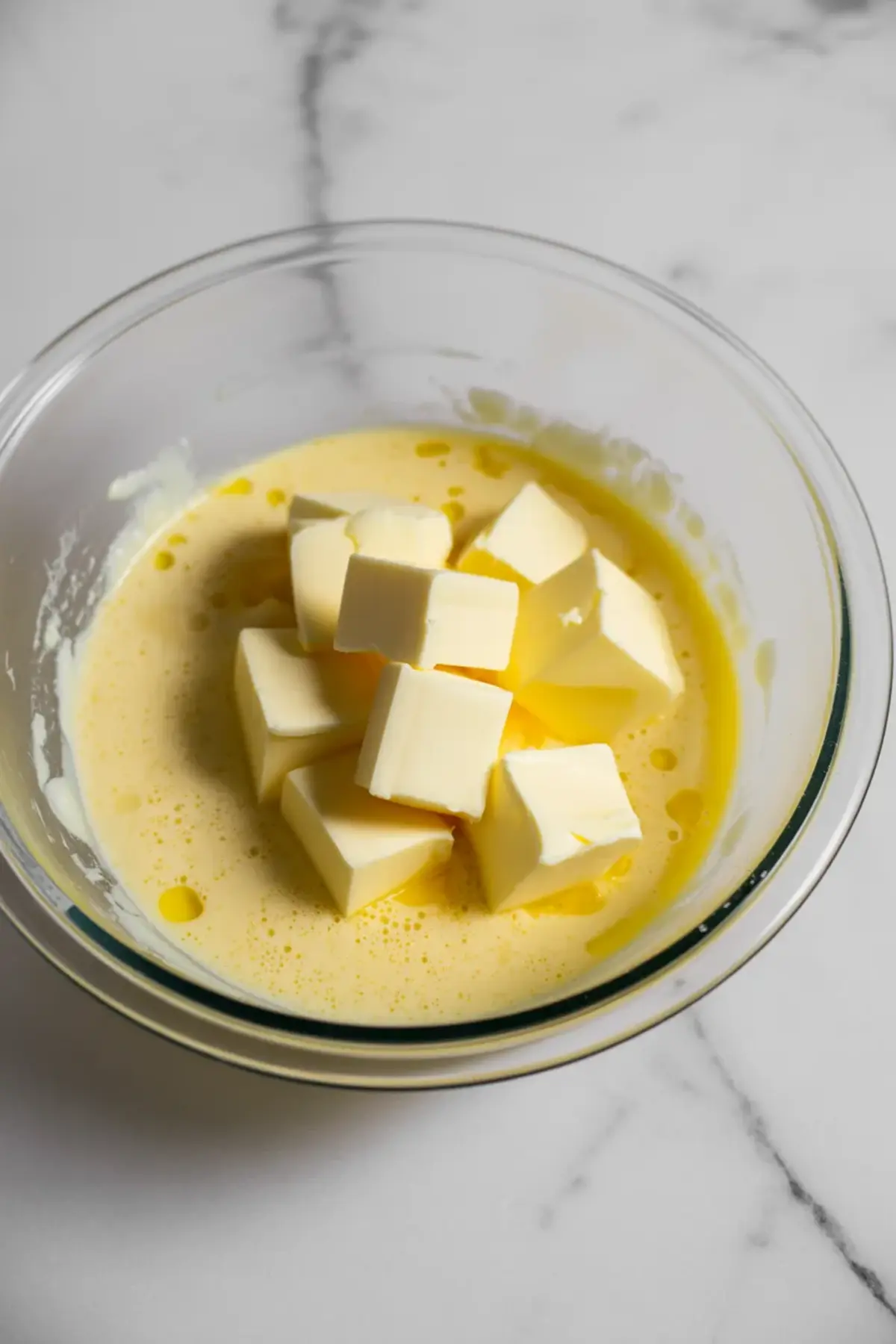 Glass bowl contains whisked eggs and cream mixture topped with cubed butter on a marble surface, showing butter pieces ready to melt for smooth orange curd filling.
