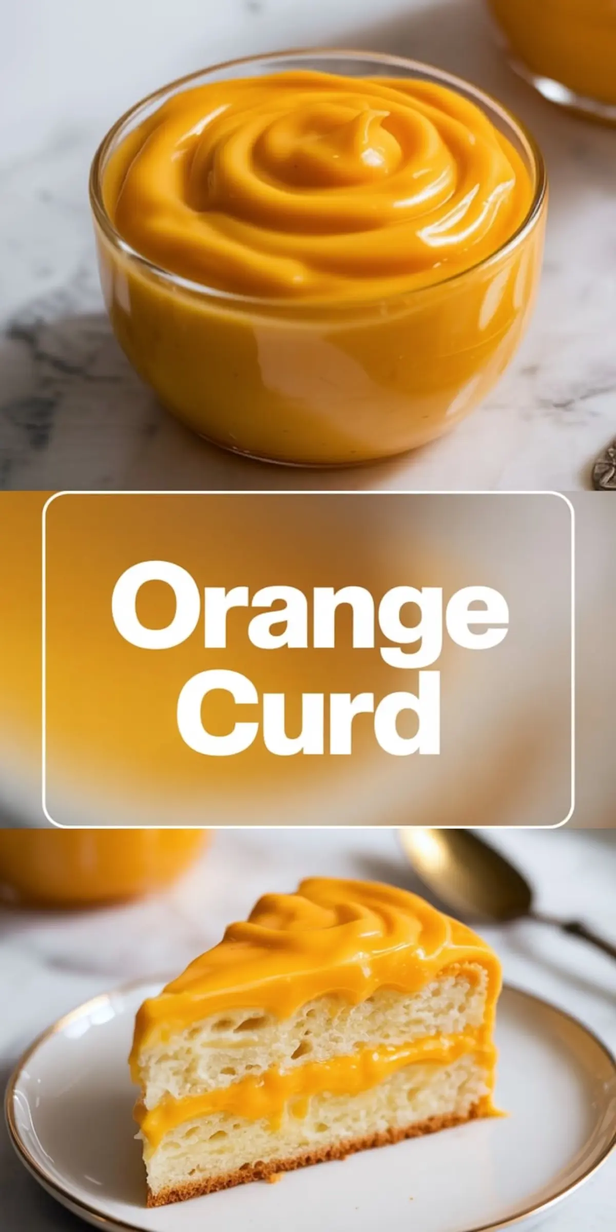 Vertical collage shows a jar of thick orange curd with smooth swirls, bold text reading “Orange Curd,” and a slice of vanilla layer cake filled and topped with glossy orange curd on a white plate.
