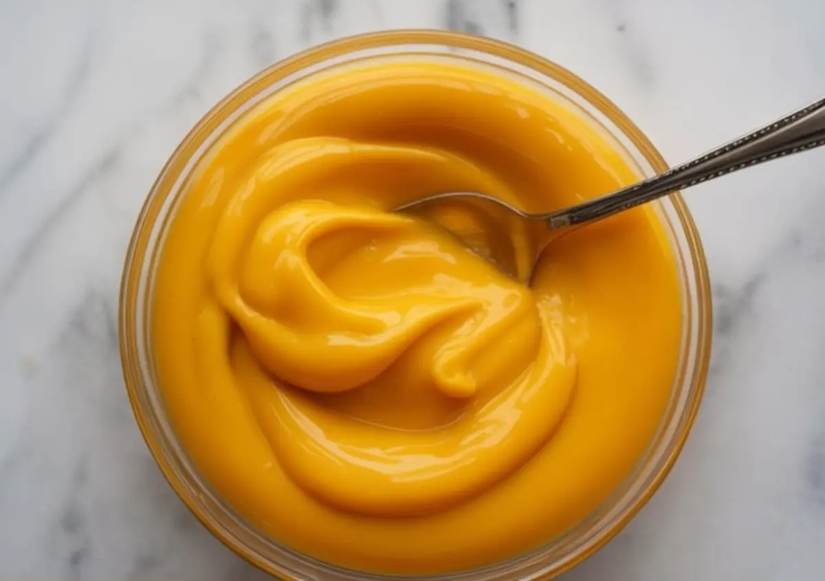Small glass jar holds creamy orange curd with a spoon swirling through the thick citrus custard, highlighting smooth texture and vibrant orange color for cake filling or dessert spread.
