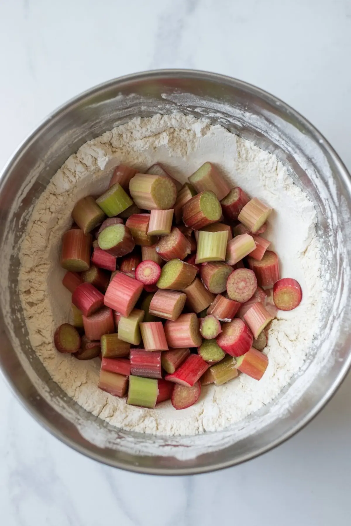 Chopped fresh rhubarb pieces rest in a bowl of flour. The pink and green rhubarb chunks add color and texture to the dry ingredients for homemade rhubarb scones.