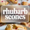 Unbaked triangular rhubarb scones sit on a parchment-lined baking sheet. A pastry brush and a small bowl of milk rest nearby, showing the egg wash step before baking.
