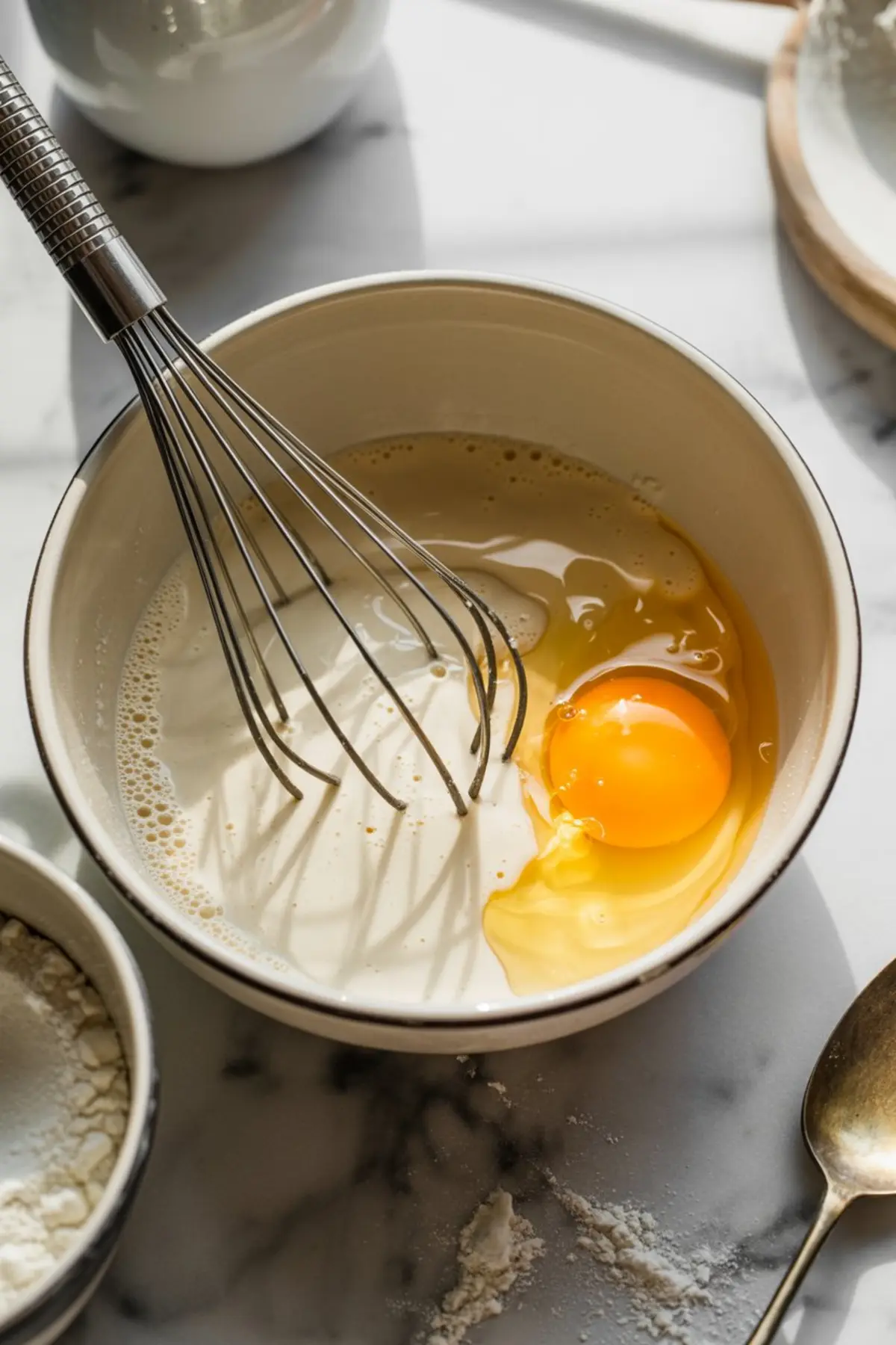 A whisk rests in a bowl with cream and a cracked egg. The mixture prepares a wet ingredient base for homemade rhubarb scones, shown on a marble countertop with baking tools nearby.