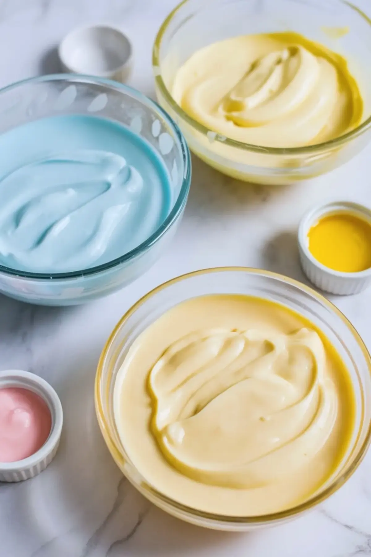 Glass bowls hold pastel blue and soft yellow melted white chocolate fudge mixture on a marble surface. Small ramekins contain pink and yellow food coloring beside the bowls for Easter dessert preparation.