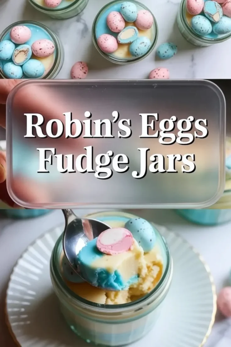 Robin’s Eggs fudge jars collage shows pastel blue and yellow layered white chocolate fudge in small glass jars topped with pink and blue speckled candy eggs. Text overlay reads Robin’s Eggs Fudge Jars above a spoon lifting a thick, creamy fudge bite with a candy egg center. Easter dessert jars sit on a white marble countertop with scattered chocolate eggs for a festive spring treat presentation.