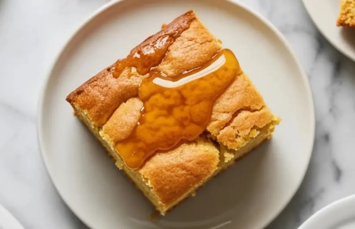 Golden slice of honey cornbread served on a round white plate, topped with a thick drizzle of amber honey highlighting the moist, crumbly texture.