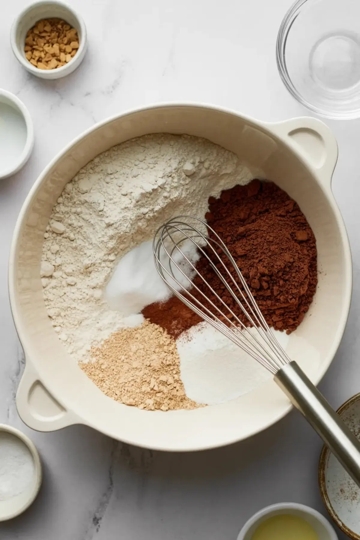 Overhead view of dry baking ingredients in a cream mixing bowl, including all-purpose flour, cocoa powder, baking soda, sugar, cinnamon, and instant coffee granules, with a metal whisk placed on top for mixing chocolate cake batter.