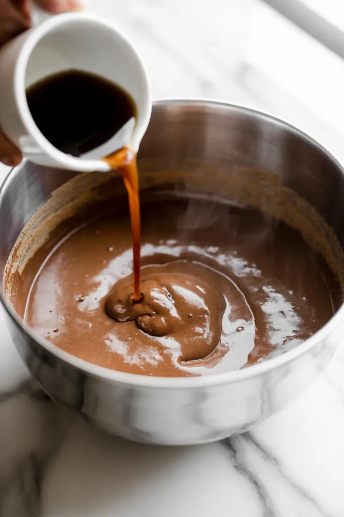Stream of brewed coffee being poured from a small white pitcher into a bowl of chocolate cake batter, emphasizing the rich, moist flavor enhancement for chocolate cakes.