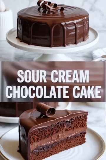 Vertical collage featuring a glossy sour cream chocolate cake topped with chocolate curls, bold text reading “Sour Cream Chocolate Cake” in the center, and a close-up of a rich chocolate cake slice with thick ganache layers on the bottom.