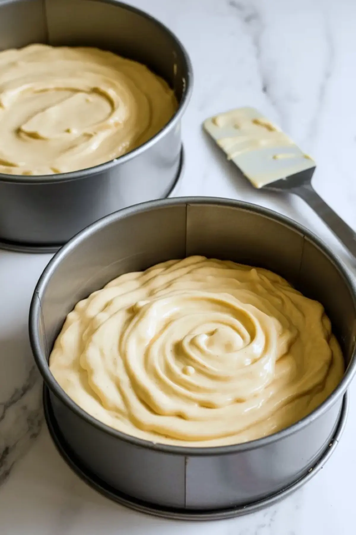Round cake pans hold smooth vanilla cake batter on a marble countertop. A spatula spreads thick batter in metal pans, showing a step by step homemade cake recipe process.

