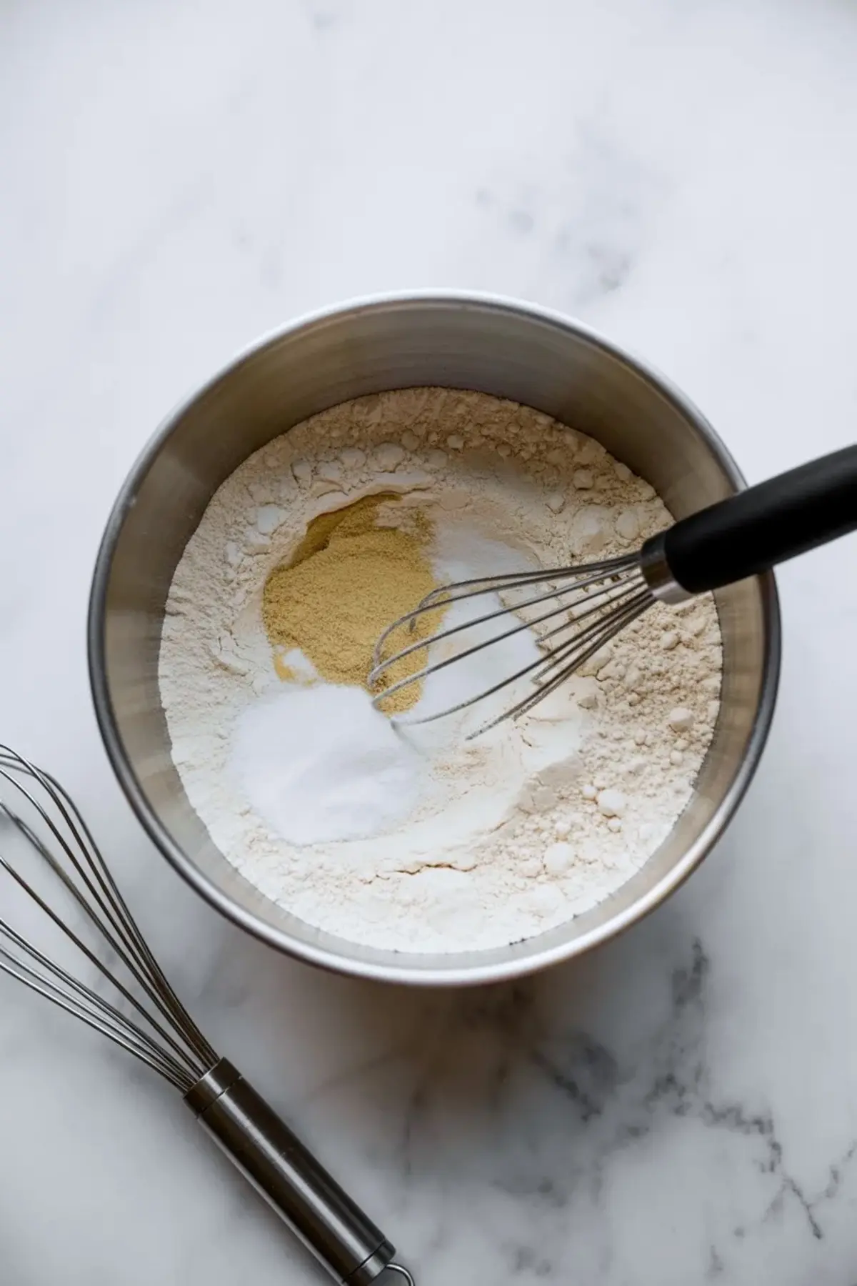 Metal bowl holds flour, baking powder, sugar, and dry ingredients with a whisk. The whisk rests inside the bowl, showing dry mix preparation for homemade coconut cake.

