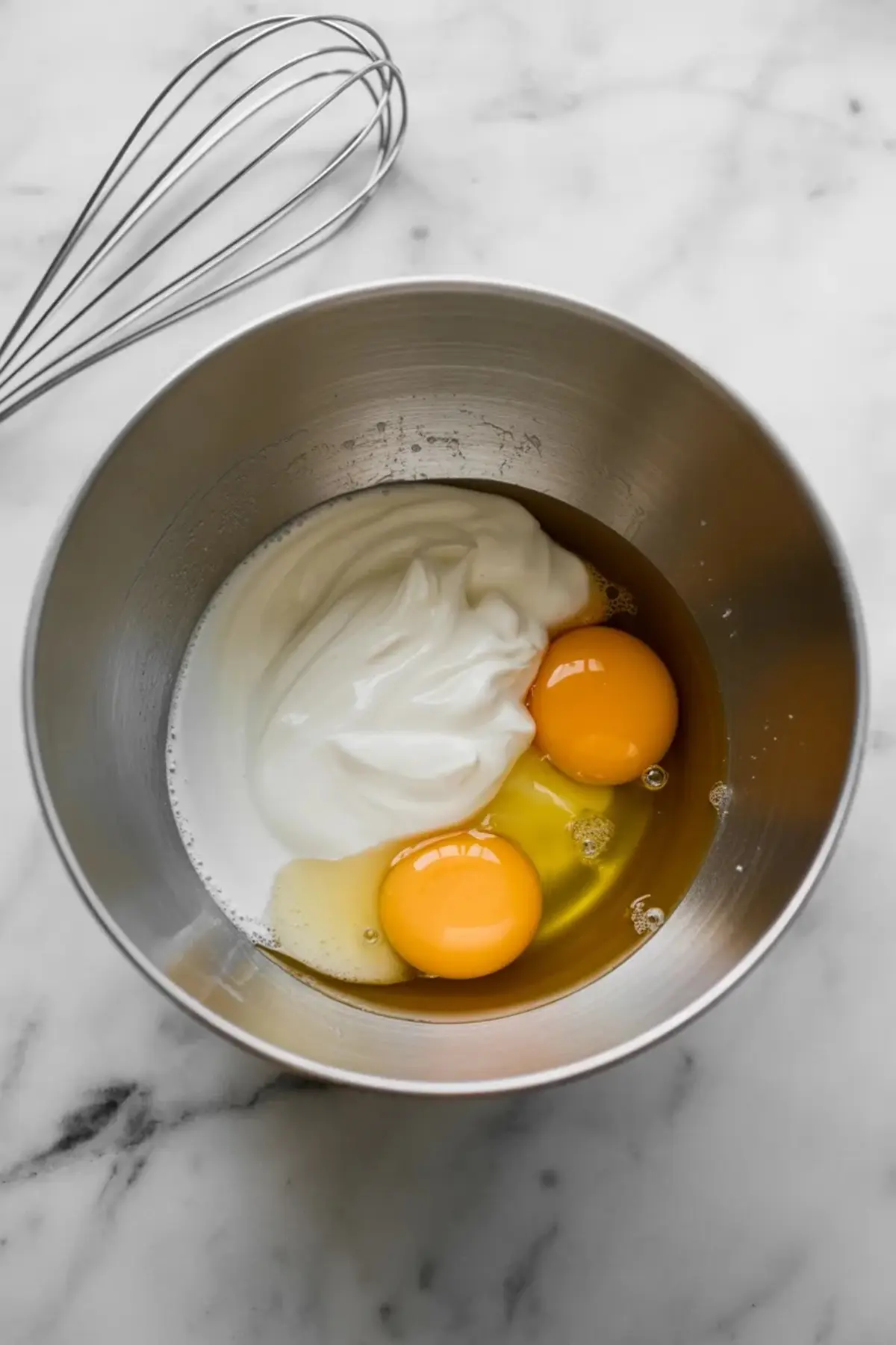Overhead view of a stainless steel mixing bowl containing two whole eggs, thick sour cream, and oil, placed on a marble countertop with a wire whisk beside it.

