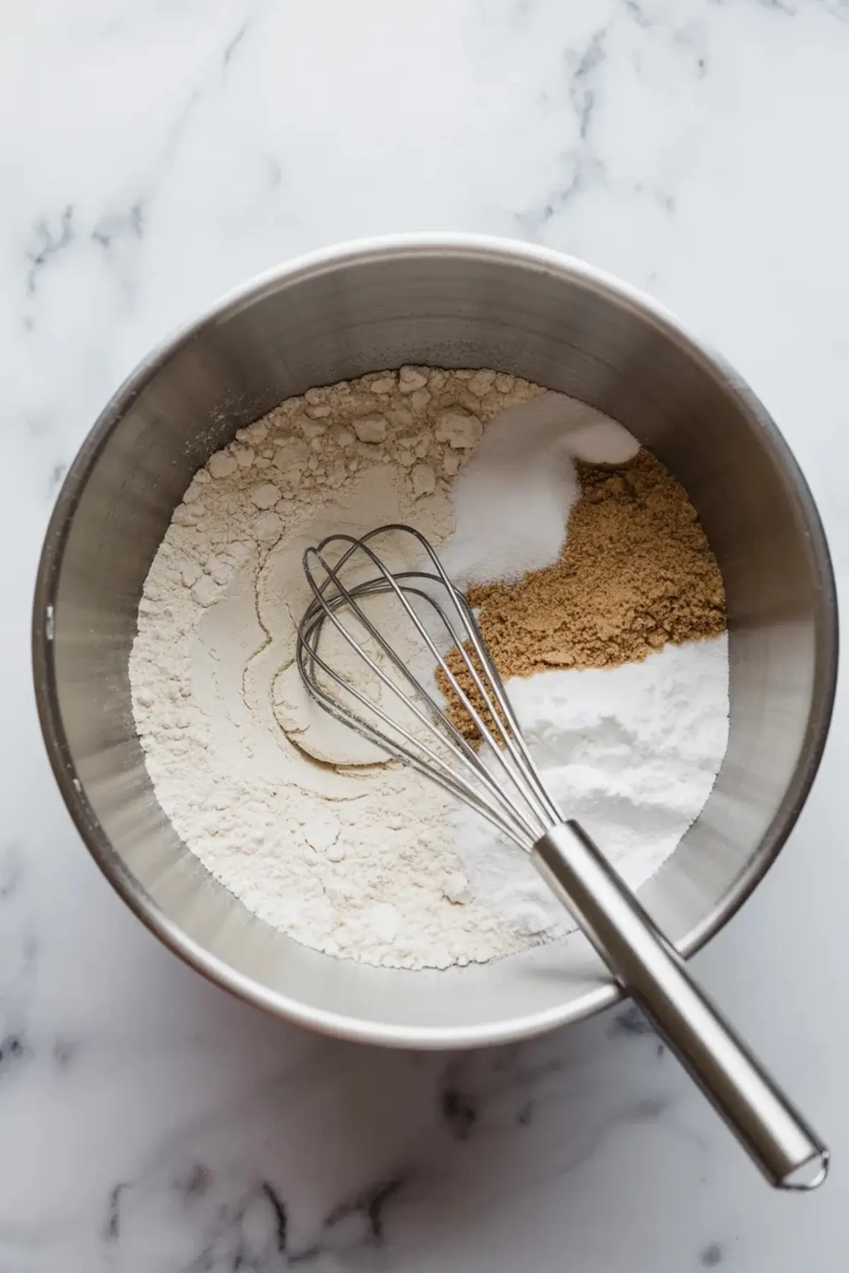 Top-down image of dry baking ingredients including flour, brown sugar, white sugar, and baking powder in a metal bowl with a wire whisk resting on top.
