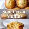Top image displays golden brown sour cream muffins arranged on a white serving platter. Bottom image shows a close-up of a soft, fluffy muffin with an airy interior on a patterned white plate. Bold centered text says “Sour Cream Muffins.”