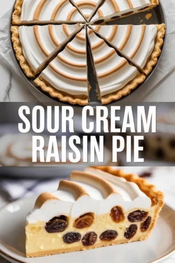 Vertical collage shows whole sour cream raisin pie with toasted meringue swirls and a sliced piece on a plate. Bold text reads “Sour Cream Raisin Pie” across the center. Flaky pie crust holds creamy custard filling packed with raisins, styled for a baking recipe pin.