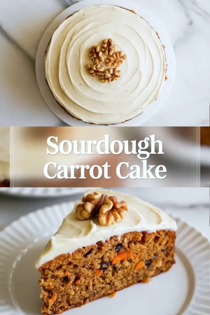 Vertical collage showing frosted sourdough carrot cake topped with walnuts and a sliced piece with cream cheese frosting, text overlay reads Sourdough Carrot Cake, moist spiced cake with grated carrots and nuts.