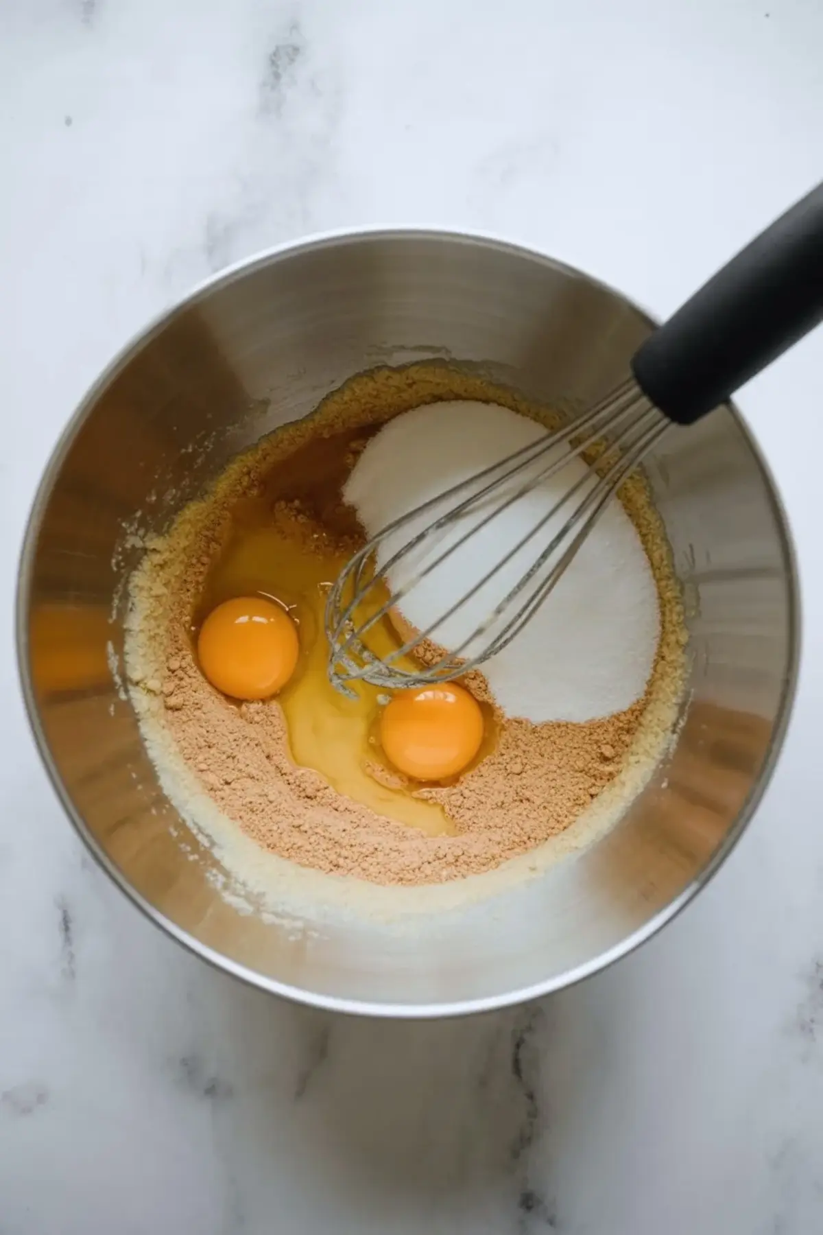 Baking ingredients in a metal mixing bowl, including cracked eggs, granulated sugar, and dry mix, with a wire whisk ready to blend.

