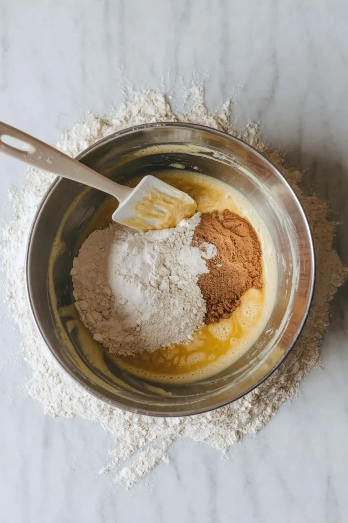 Flour, brown sugar, and wet ingredients in a stainless steel bowl, partially mixed with a silicone spatula, surrounded by scattered flour on a marble surface.
