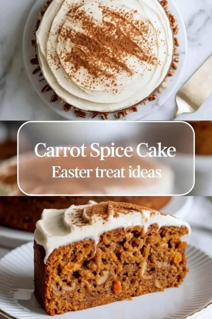 Collage featuring a carrot spice cake with creamy frosting and cinnamon topping, garnished with pecans, photographed whole and in a plated slice. Text overlay says “Carrot Spice Cake – Easter treat ideas”.
