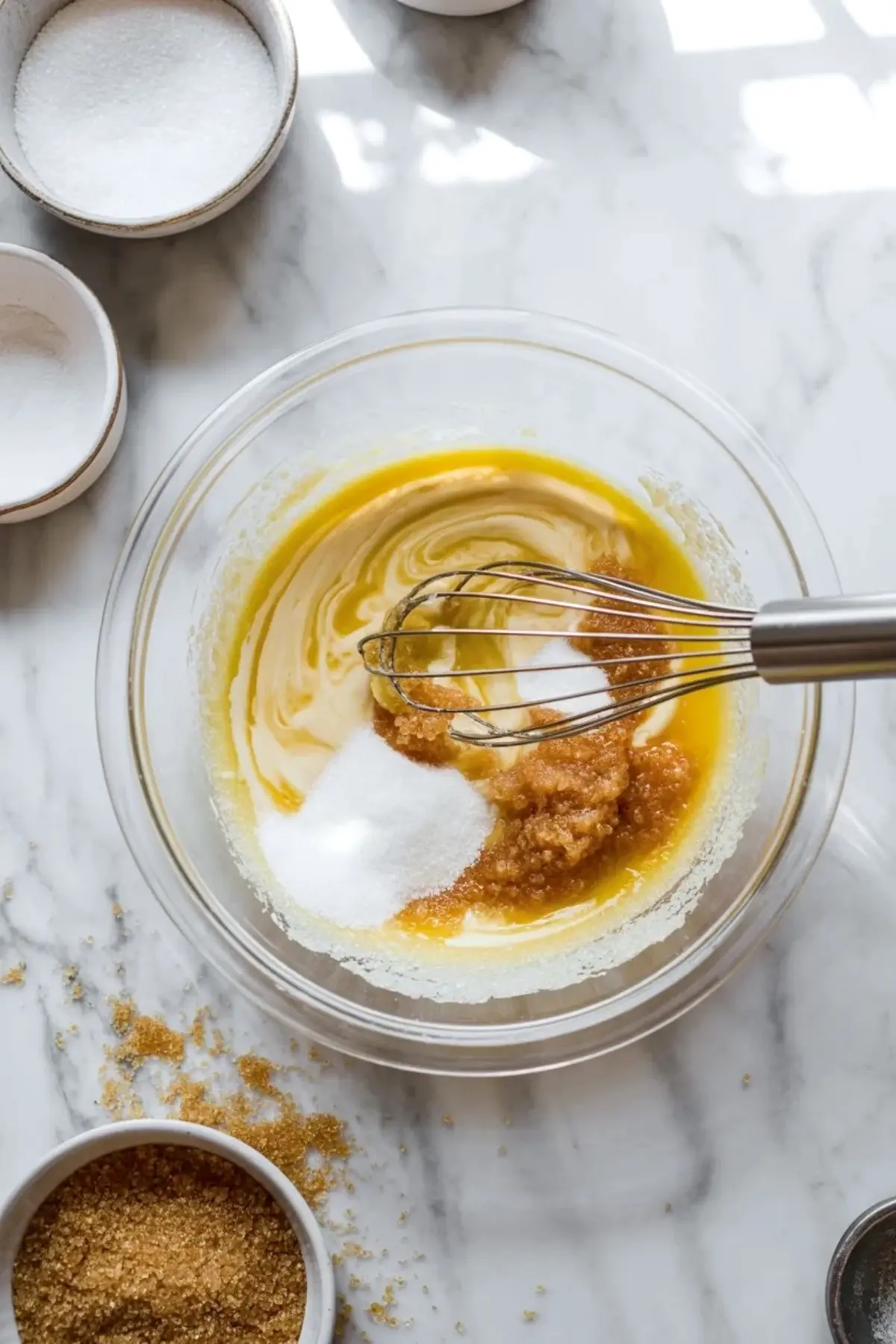 Glass bowl contains melted butter, white sugar, brown sugar, and vanilla being whisked together. Metal whisk blends wet brownie ingredients on marble countertop with small bowls of sugar nearby. Step by step brownie batter preparation shows glossy mixture texture.