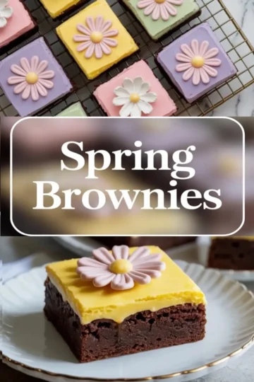 Vertical collage shows square brownies topped with pastel icing and daisy flower decorations arranged on cooling rack. Text overlay reads “Spring Brownies” in center. Bottom section features a single brownie with bright yellow frosting and pink daisy on white plate, showing thick fudgy chocolate texture.