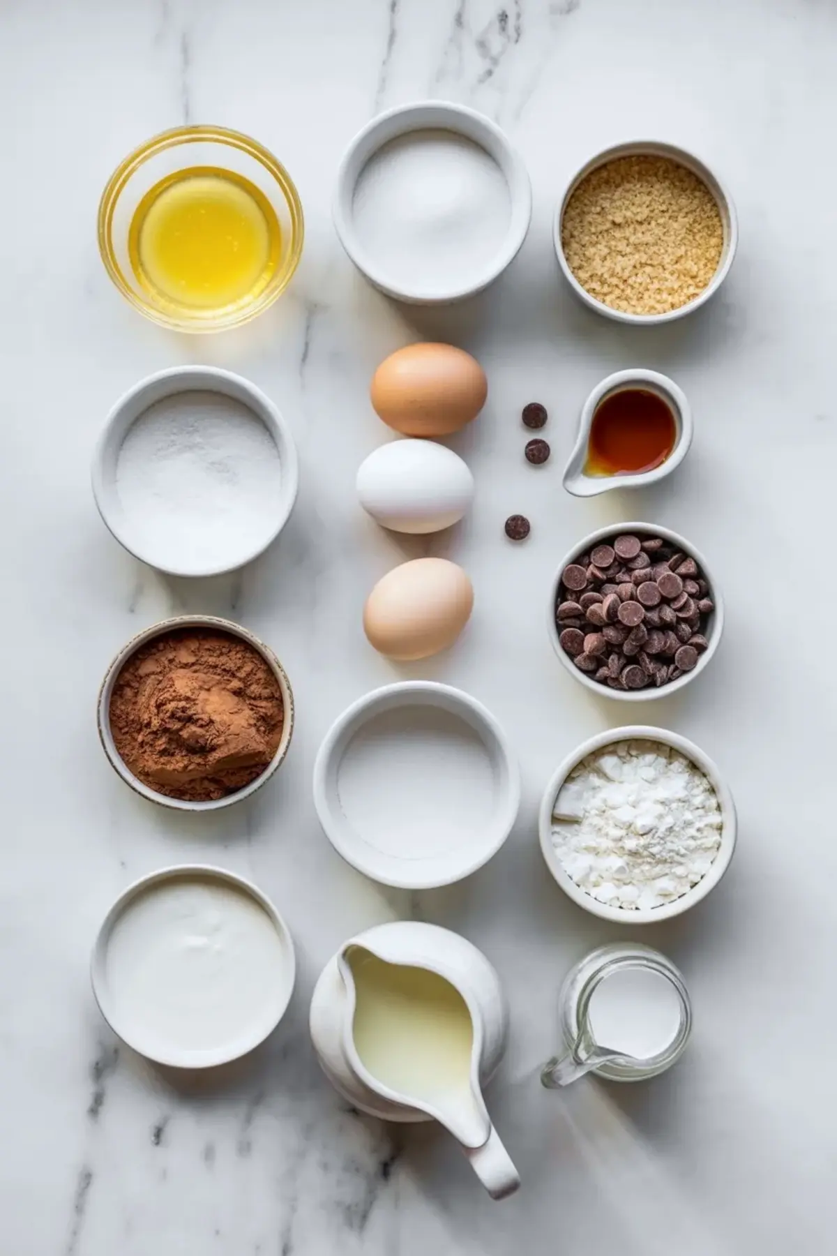 Flat lay of brownie ingredients arranged in small white bowls on marble surface. Eggs, cocoa powder, flour, sugar, brown sugar, chocolate chips, melted butter, oil, milk, and vanilla create organized baking mise en place for homemade brownies recipe.