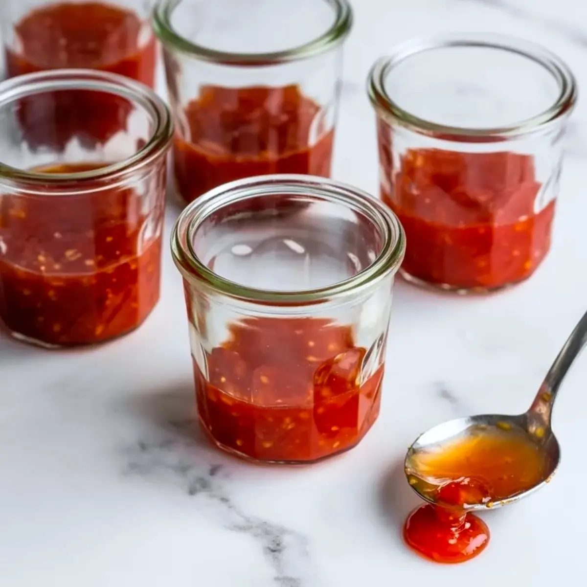 Four small glass jars contain chunky strawberry freezer jam on a marble surface. A metal spoon holds glossy red jam with visible strawberry pieces, showing thick homemade fruit preserve ready for storing or freezing.
