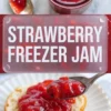 Close-up shows a spoon spreading thick strawberry freezer jam with visible fruit chunks over toasted bread on a white plate. The jam looks glossy and smooth, ideal for breakfast spread.