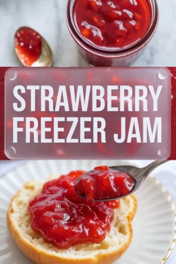 Close-up shows a spoon spreading thick strawberry freezer jam with visible fruit chunks over toasted bread on a white plate. The jam looks glossy and smooth, ideal for breakfast spread.