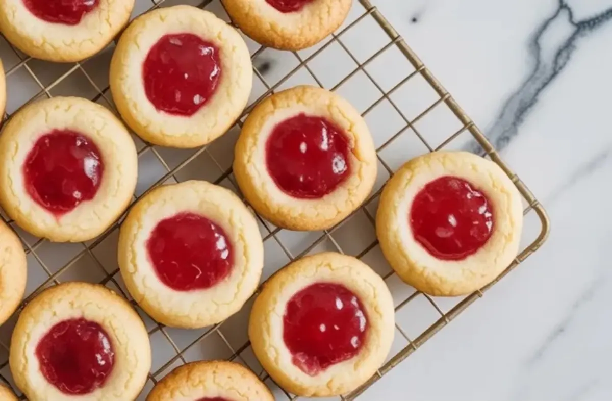 Golden strawberry thumbprint cookies cool on a wire rack, each cookie holds a glossy red jam center and a soft buttery shortbread base on a marble countertop.
