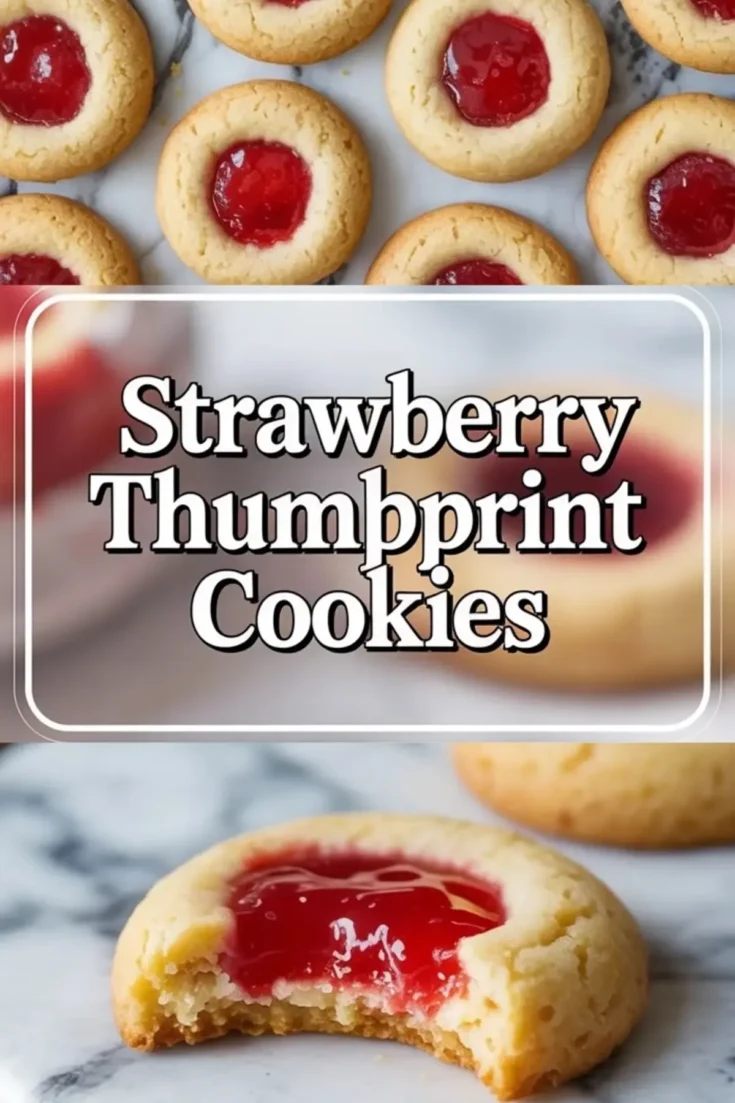 Vertical collage shows strawberry thumbprint cookies with glossy red jam centers arranged on marble surface, top view of golden shortbread cookies and bottom close up of a bitten cookie with soft buttery texture, text overlay reads Strawberry Thumpprint Cookies.