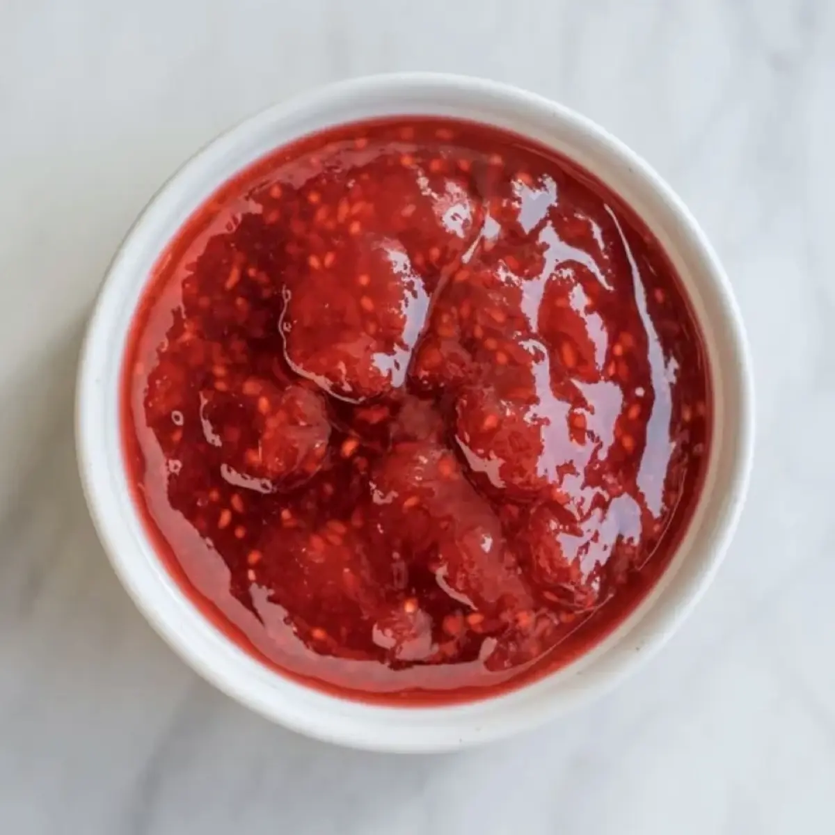 Small white bowl holds bright red strawberry jam with visible fruit pieces and glossy texture for filling thumbprint cookies.
