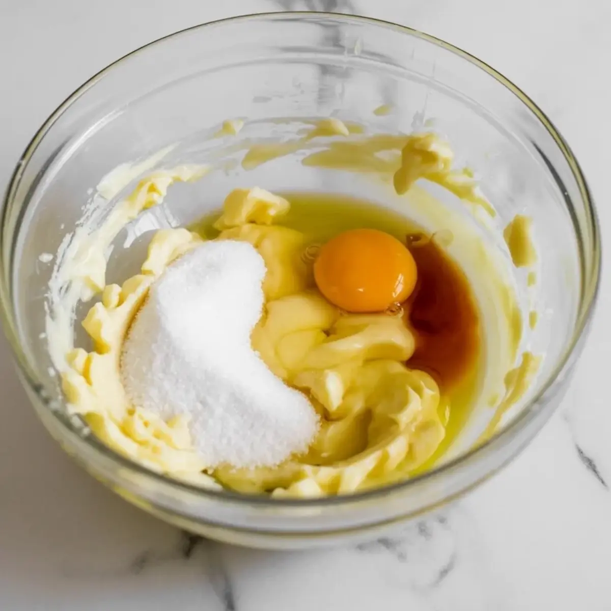 Glass bowl contains creamed butter and sugar mixed with a whole egg and vanilla extract, ingredients sit on marble countertop for thumbprint cookie dough.
