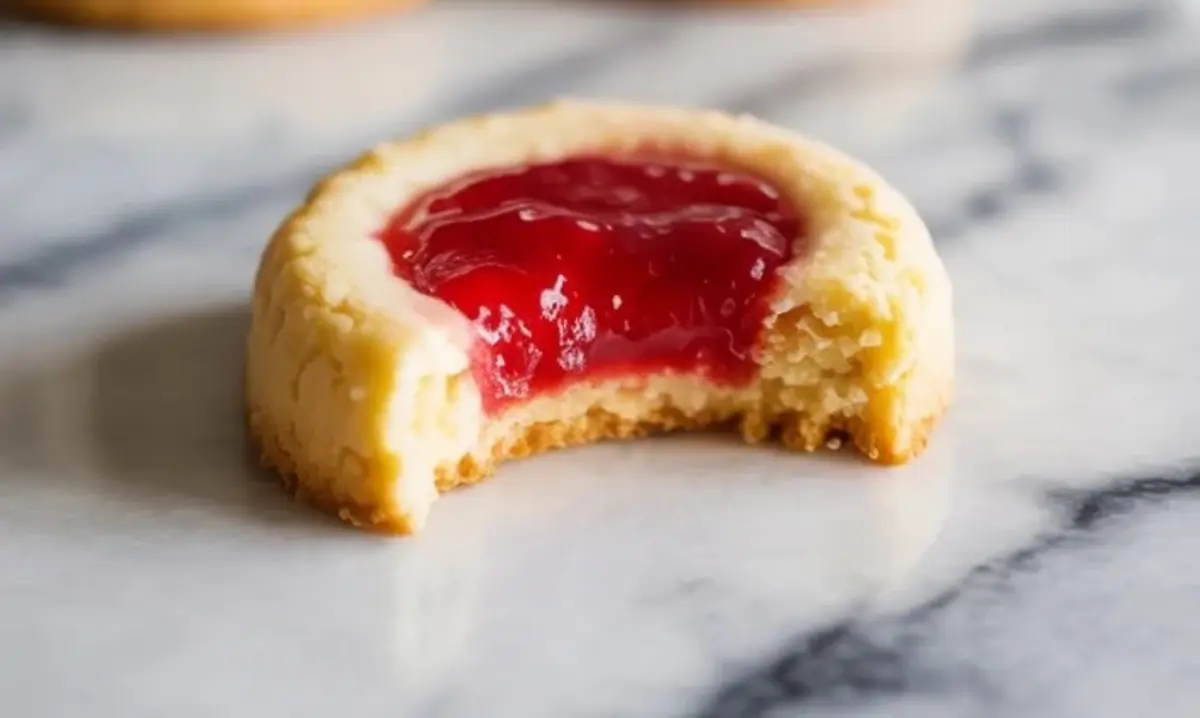 Close-up of a bitten strawberry thumbprint cookie shows soft buttery interior and thick red jam filling on a marble surface.
