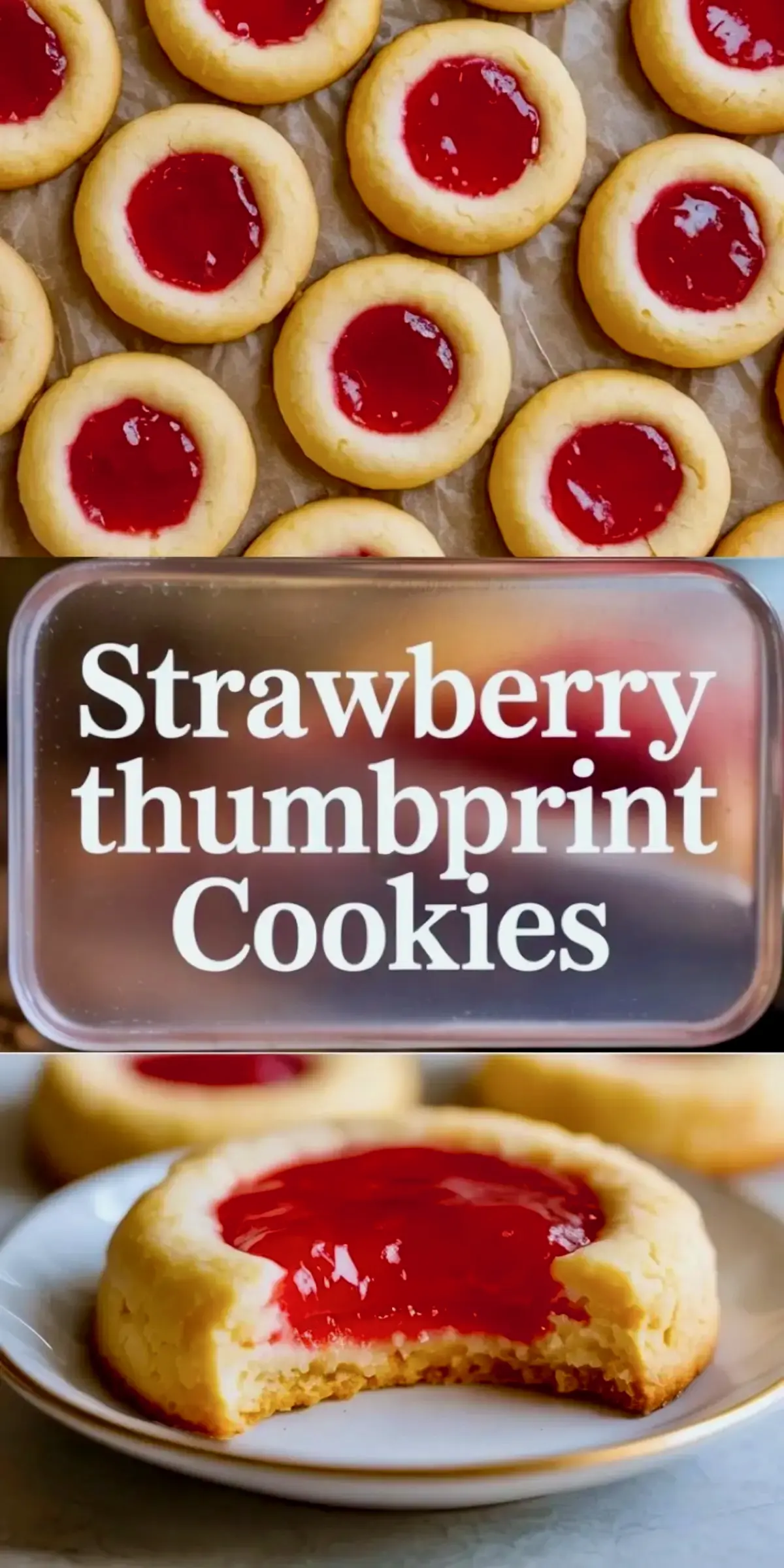 Vertical collage shows strawberry thumbprint cookies with red jam centers arranged in rows and a bitten cookie on a white plate, text overlay reads Strawberry thumpprint Cookies.

