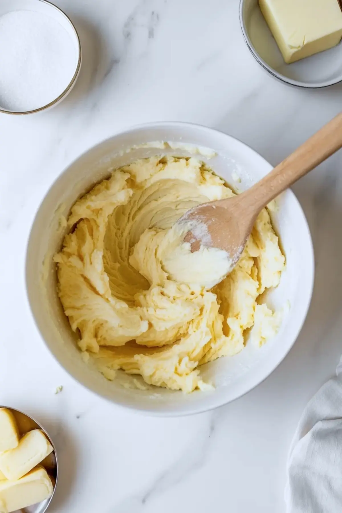 Creamed butter and sugar mixture swirls in a white mixing bowl with a wooden spoon on a marble countertop, surrounded by butter sticks and granulated sugar, showing step by step thumbprint cookie dough preparation.
