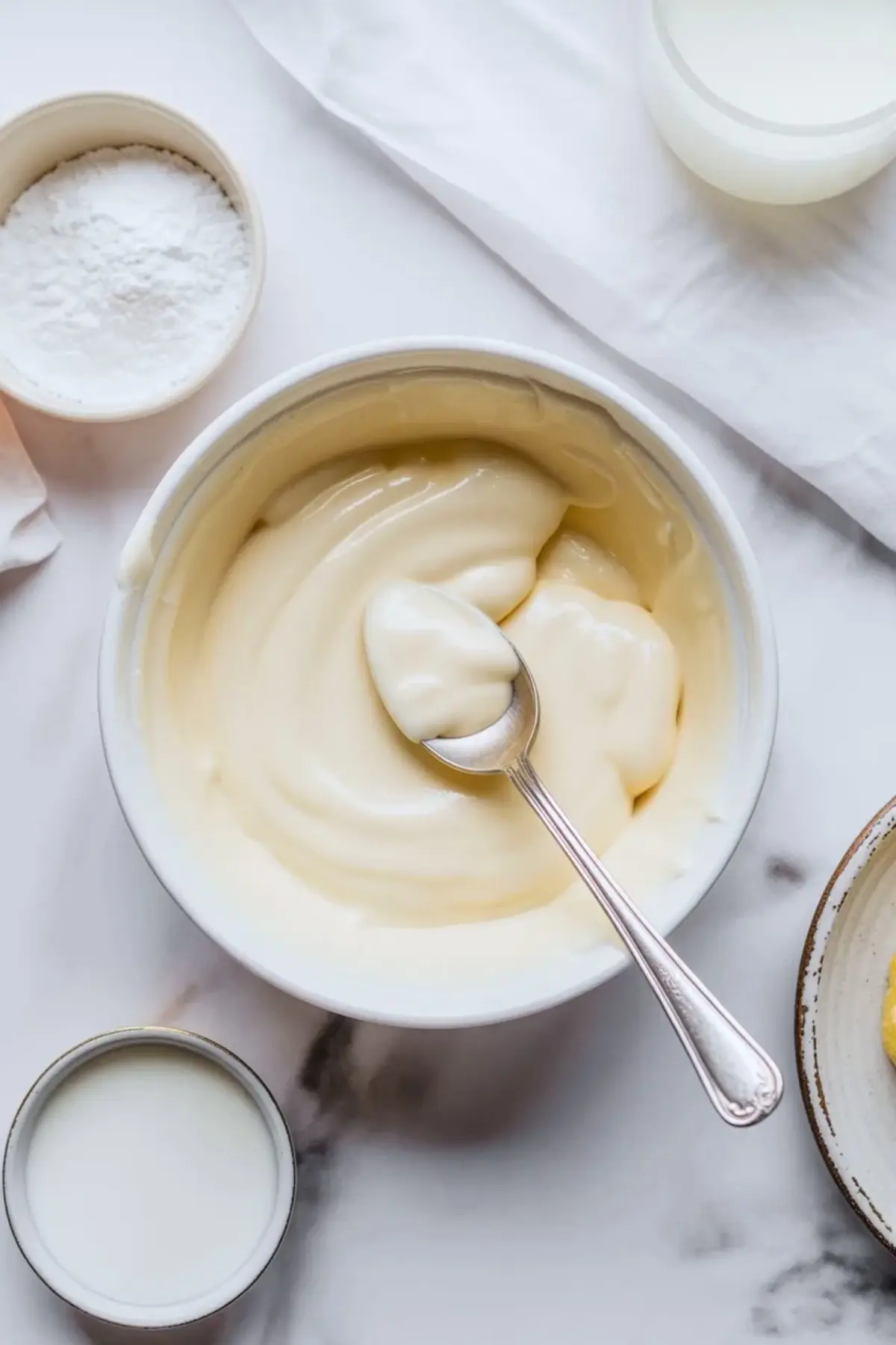 Smooth vanilla icing fills a white bowl with a spoon lifting thick glaze, placed near powdered sugar and milk on a marble countertop, showing homemade cookie icing for thumbprint cookies.
