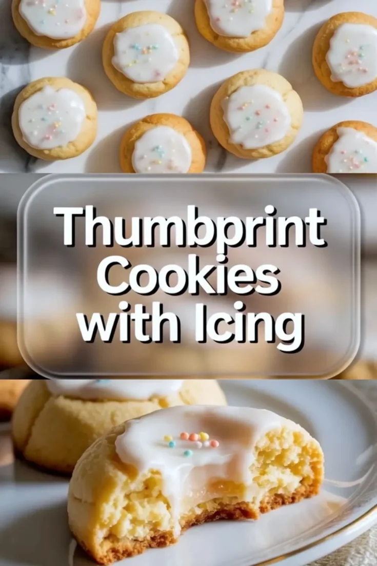 Top view shows iced thumbprint cookies arranged on marble, center text reads “Thumbprint Cookies with Icing,” and bottom image shows two stacked thumbprint cookies with white icing and pastel sprinkles, highlighting soft texture and golden edges.