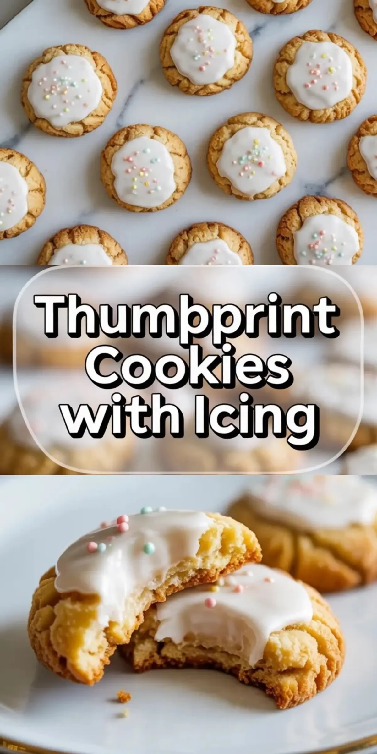 Top view shows iced thumbprint cookies arranged in neat rows on a marble surface, center text reads “Thumbprint Cookies with Icing,” and bottom image shows two thumbprint cookies stacked on a white plate with thick white glaze and pastel sprinkles, highlighting soft centers and golden brown edges.
