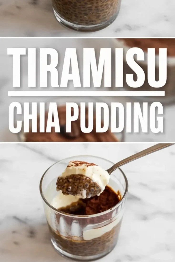 Collage showing close-up of tiramisu chia pudding in a glass, bold white “TIRAMISU CHIA PUDDING” text overlay, and a spoonful of layered chia pudding with whipped topping lifted from the glass.