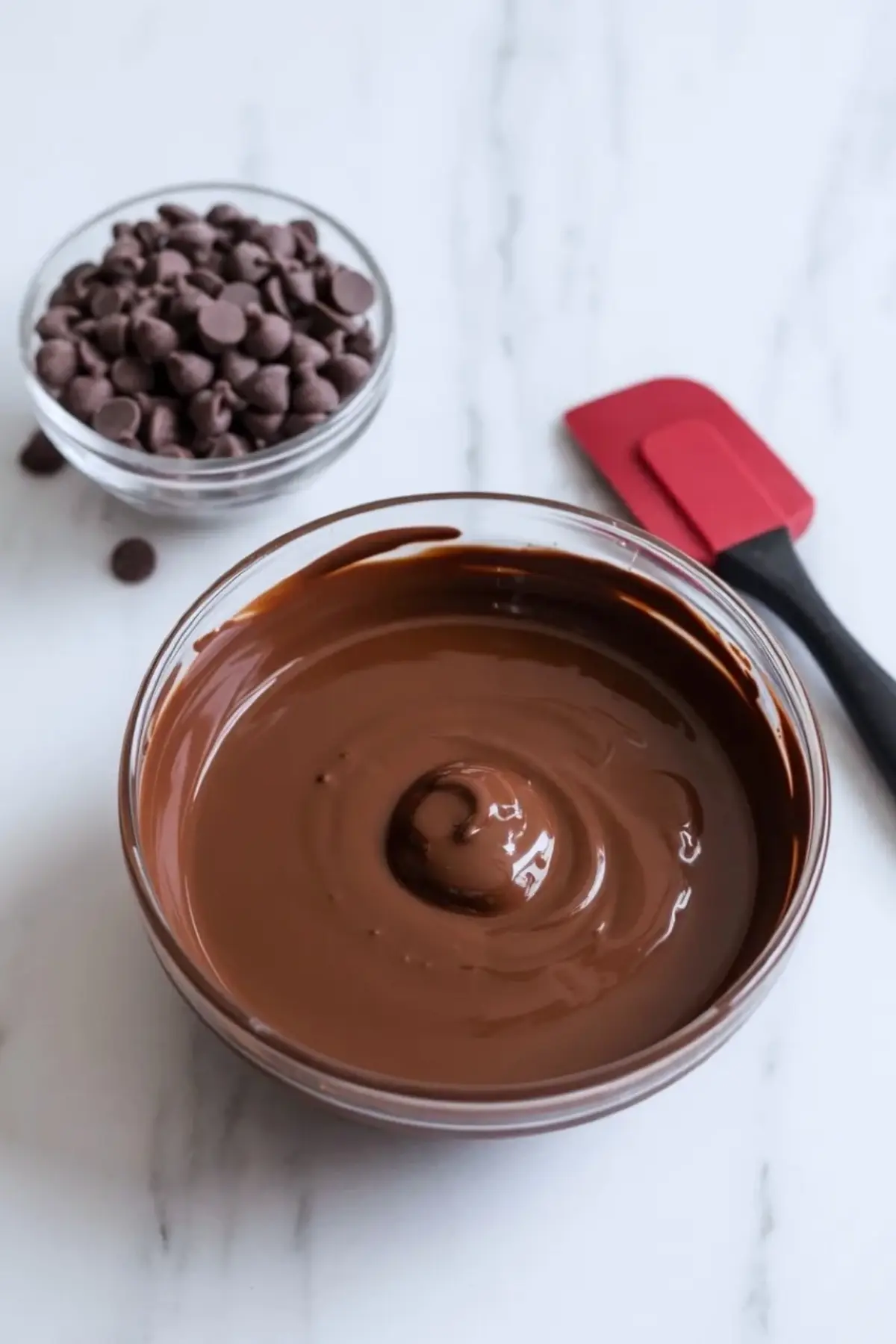 Clear glass bowl holds melted chocolate with a glossy finish on a marble countertop. A small bowl of chocolate chips and a red silicone spatula sit in the background. This image shows melted chocolate for tofu chocolate mousse or easy vegan dessert recipe.