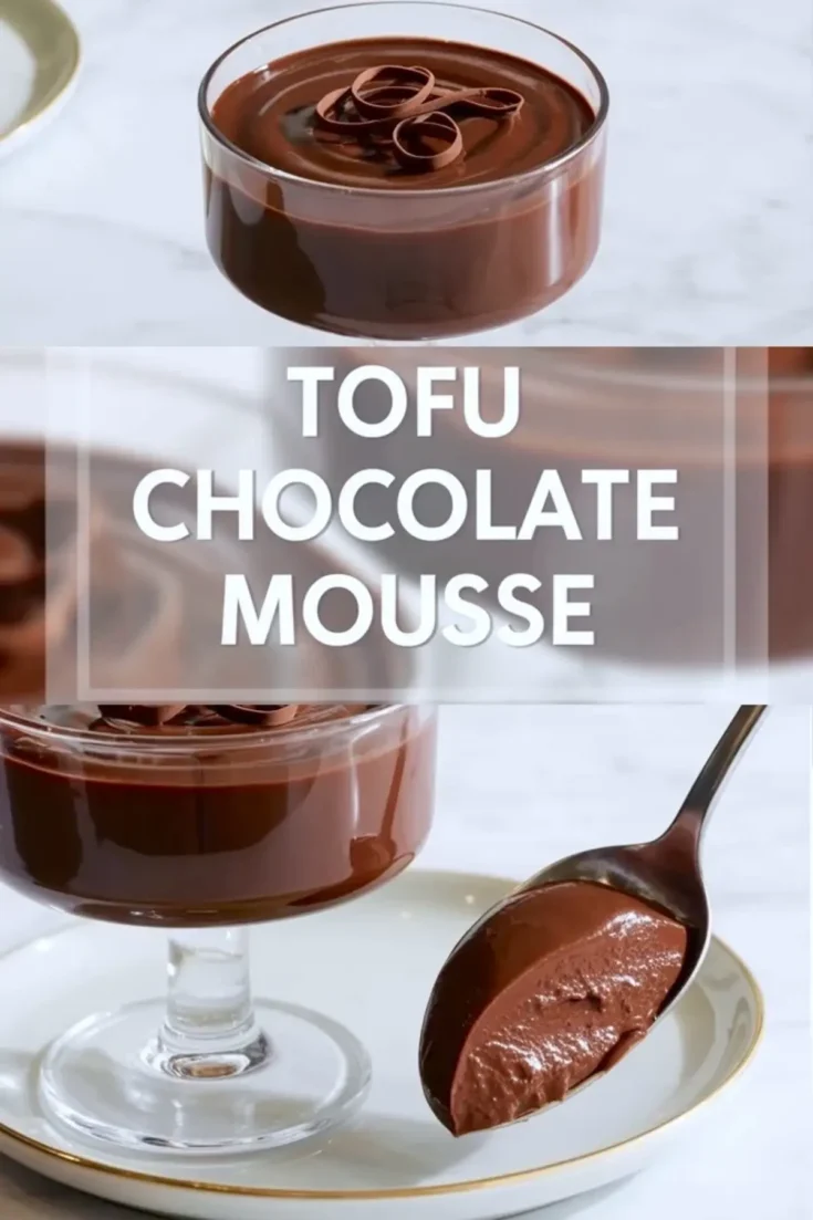 Vertical collage shows a glass dessert cup filled with silky tofu chocolate mousse topped with chocolate curls, paired with a spoonful of creamy mousse. Bold white text reads “TOFU CHOCOLATE MOUSSE” across the center. This image highlights a rich vegan chocolate mousse served in an elegant glass dish.