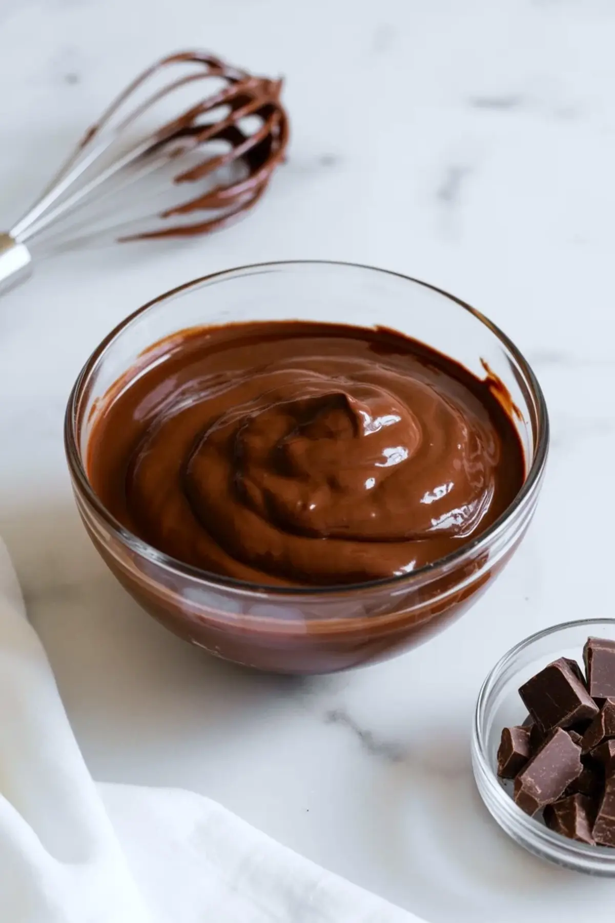 Glass bowl holding glossy dark chocolate mousse with a metal whisk and chopped chocolate pieces nearby on a bright marble countertop.