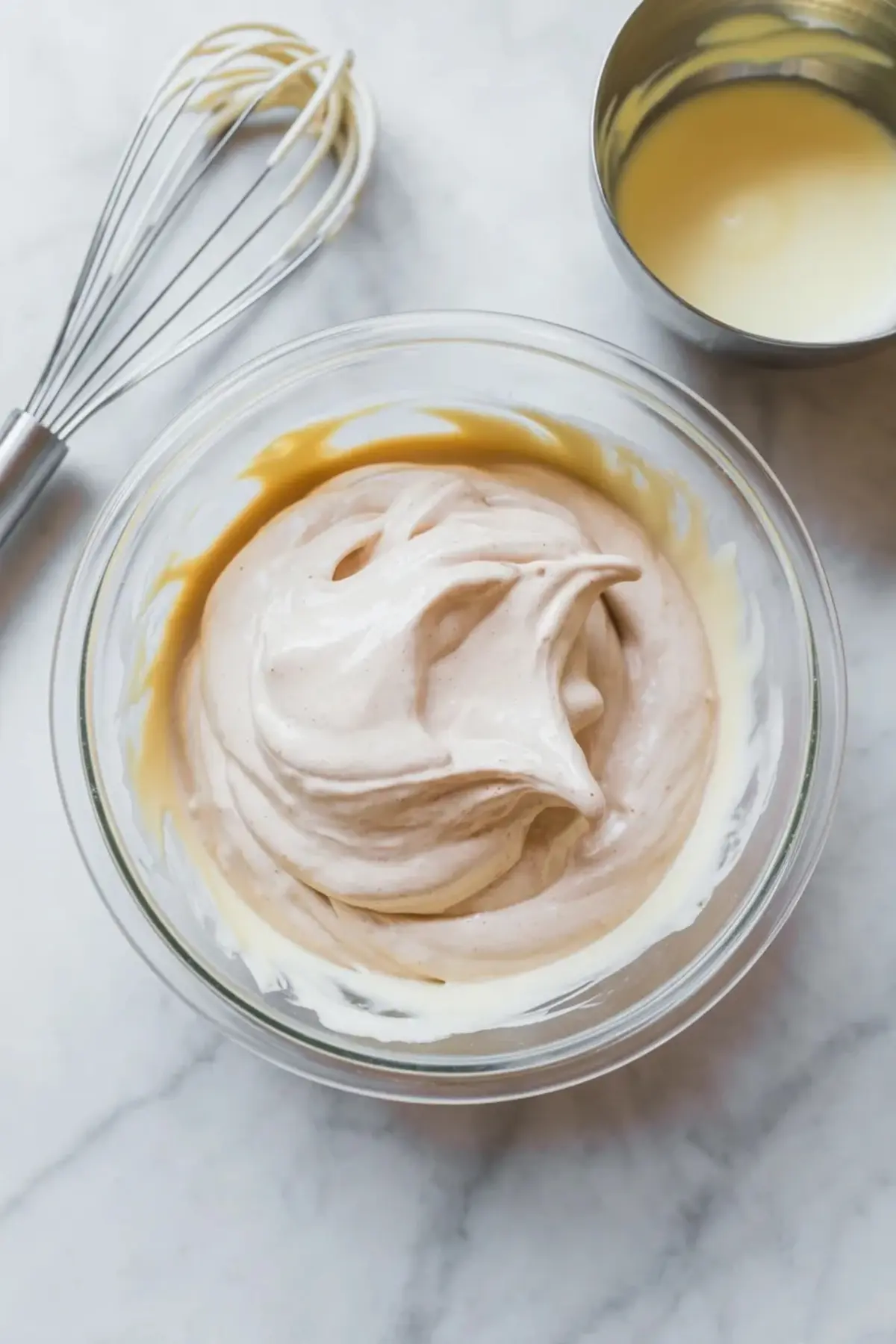  Glass bowl filled with light chocolate mousse as a whisk rests on a marble surface, showing smooth whipped texture and creamy consistency for dessert preparation.