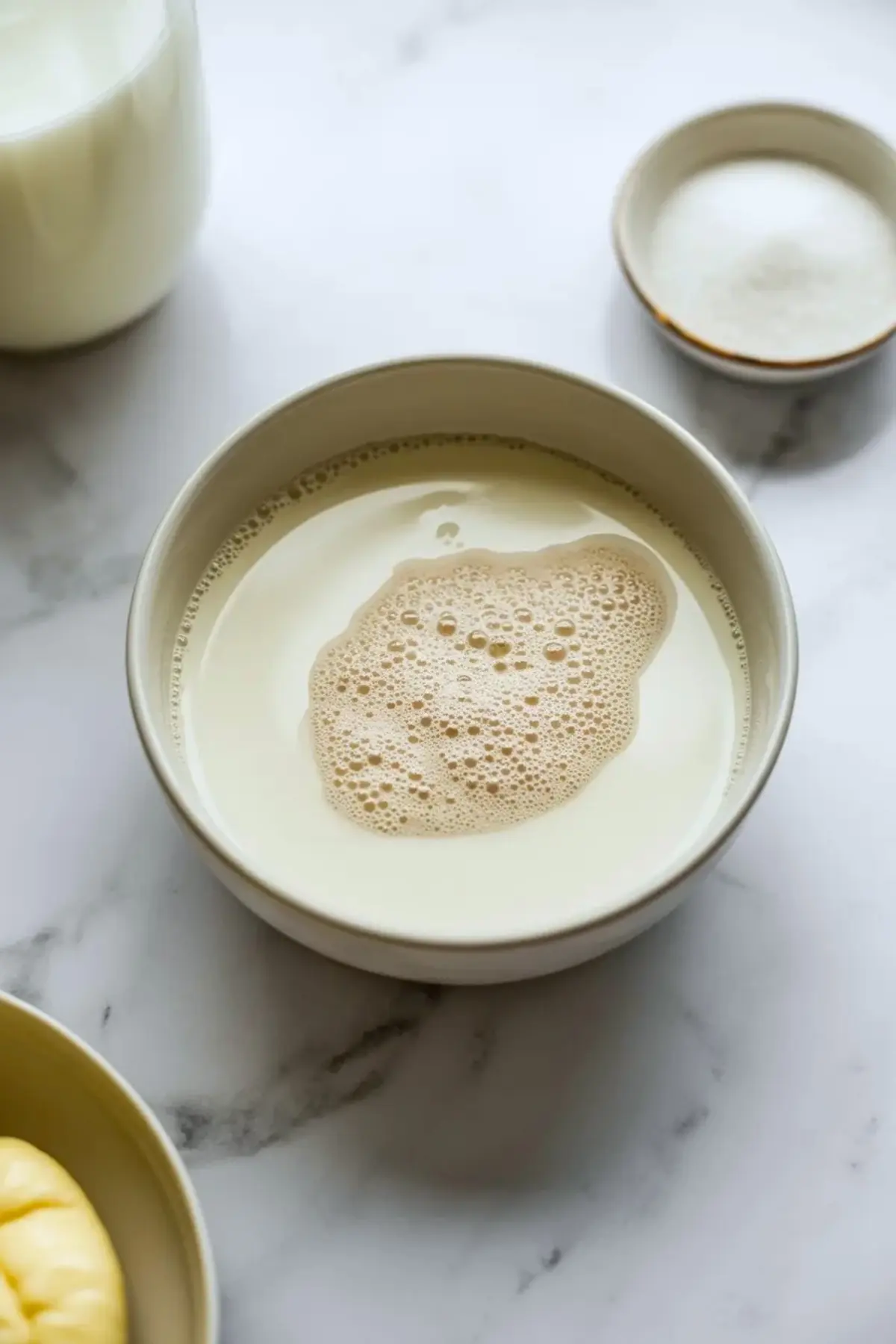 Bowl of warm milk with active yeast foam sits on a marble surface beside sugar and butter, showing the yeast mixture for homemade tsoureki bread.
