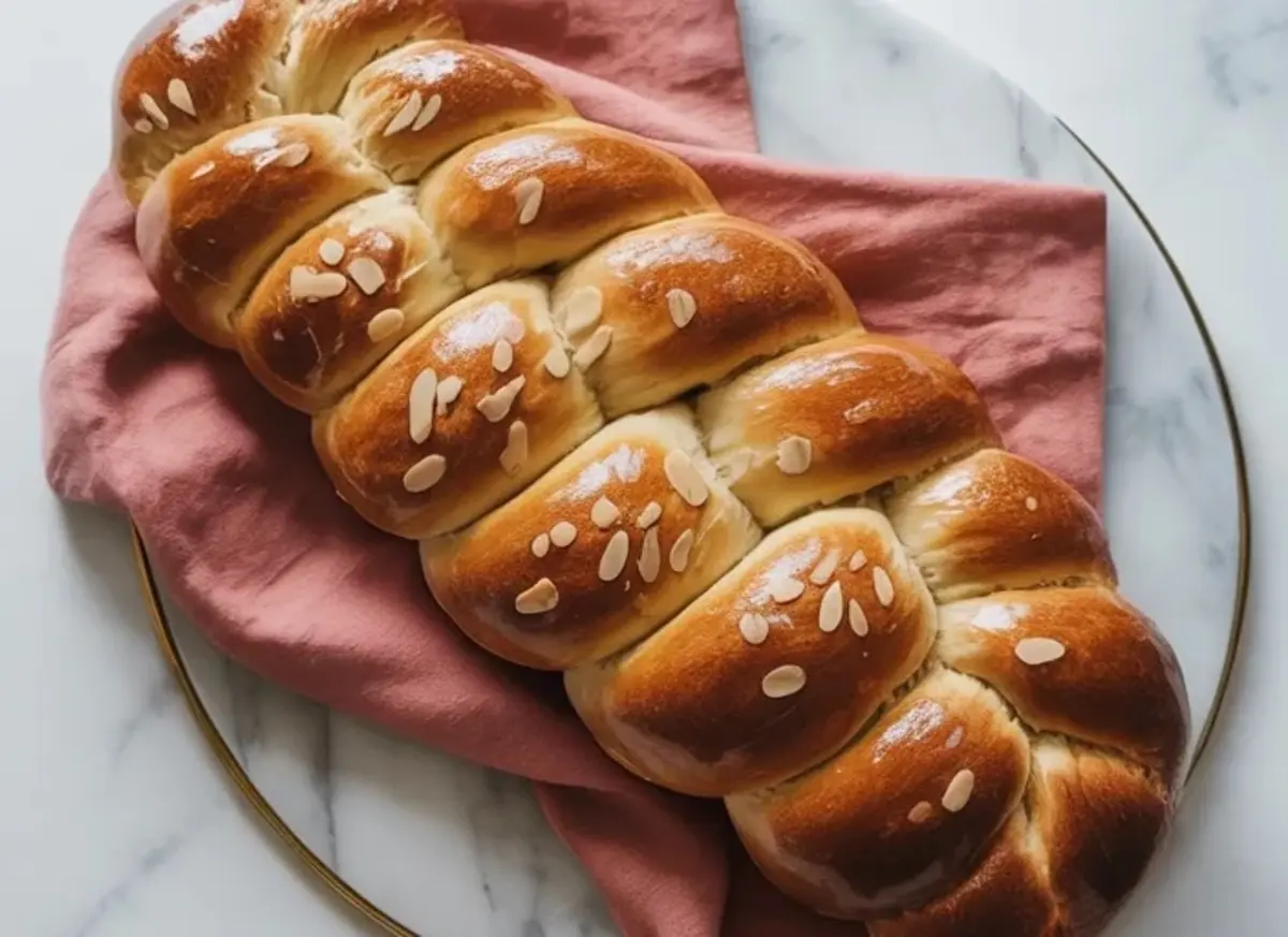 Freshly baked braided tsoureki loaf sits on a round plate with a pink cloth, featuring a shiny golden brown crust and sliced almonds.
